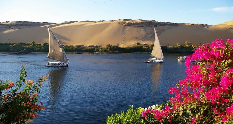 Zwei traditionelle Segelboote auf einem Fluss mit Sanddünen und Blumen
