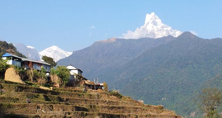 Der scharfkantige weiße Gipfel des Machhapuchhre erhebt sich über Terrassenfelder und Dorfhäuser unter einem klaren blauen Himmel.