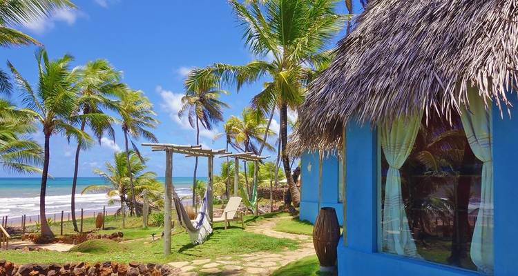 Cabaña junto a la playa con plantas tropicales y una hamaca.