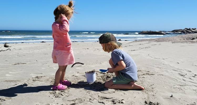 Children playing in the sand on a sunny beach.
