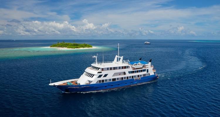 Large ship cruising near an island in the ocean.