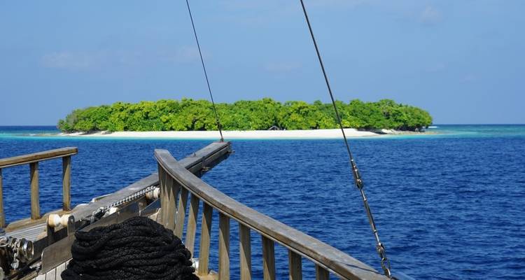 View from a wooden boat towards a small lush island.