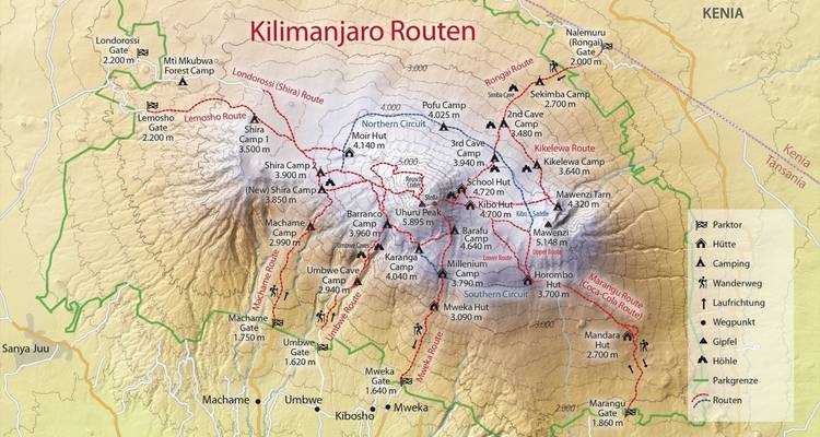 Mapa que destaca las rutas del Monte Kilimanjaro.