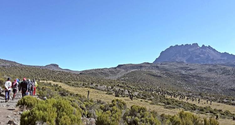 Sendero de senderismo con vista a montañas lejanas.