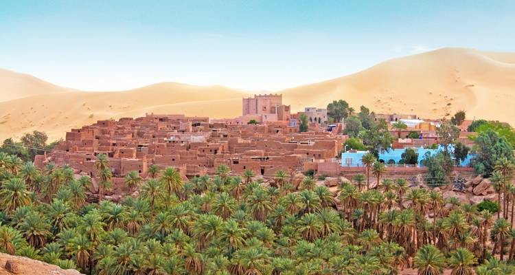 Desert village with palm trees and dunes.