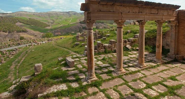 Ancient Roman ruins with columns amidst a lush green landscape.