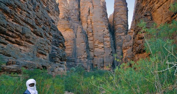 Personne en tenue traditionnelle dans un paysage de canyon.
