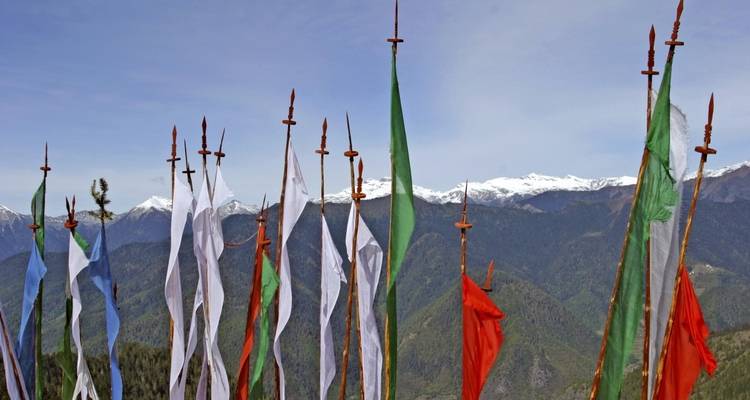 Colorful prayer flags with snowy mountains in the distance.