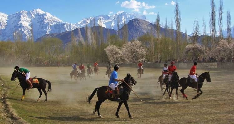 Polo match in a scenic valley with snow-capped mountains in the background.