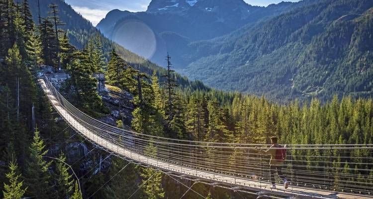 Personne traversant un pont suspendu dans une zone montagneuse boisée.