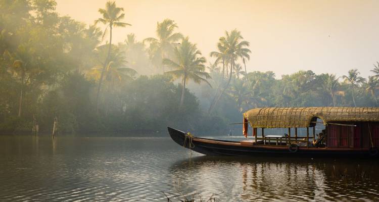 Een traditionele boot op de serene binnenwateren van Alleppey, India.