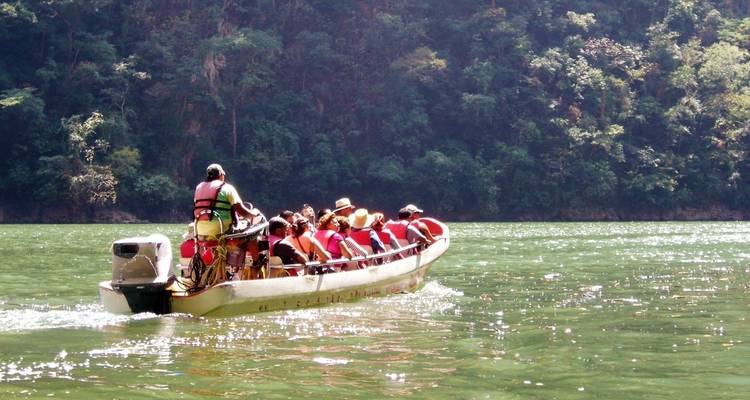 A group of people on a boat ride along a river surrounded by lush greenery.