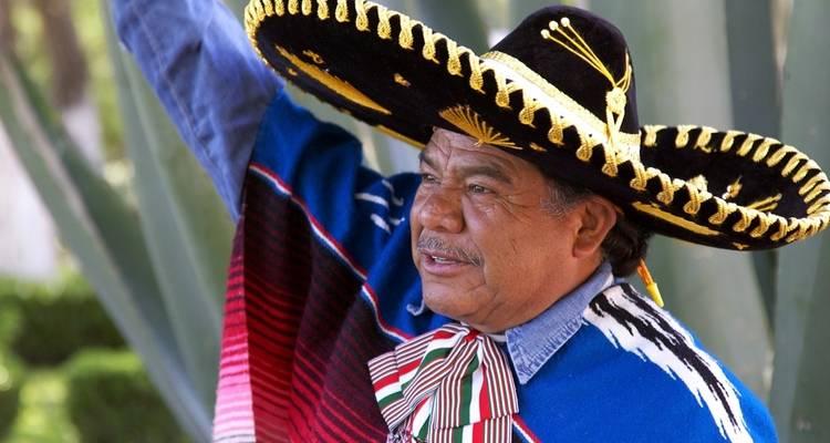 A man in traditional dress with a sombrero and colorful poncho.