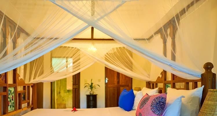 Elegantes Schlafzimmer-Interieur mit Moskitonetz.