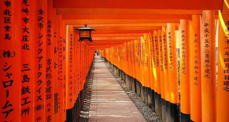 Orange torii gates with Japanese inscriptions forming a tunnel-like corridor.