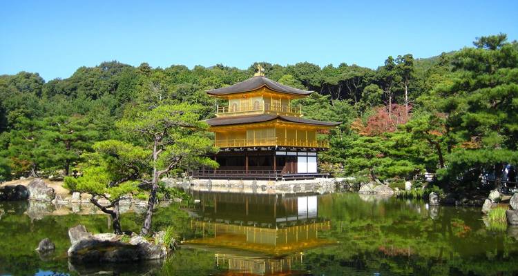 Kinkaku-ji, also known as the Golden Pavilion, reflected in a serene pond.