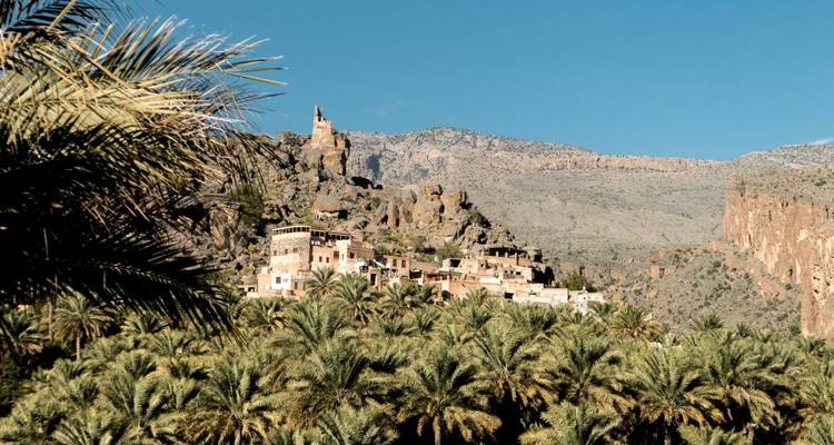 Traditional village with palm trees and rocky mountains in the background.