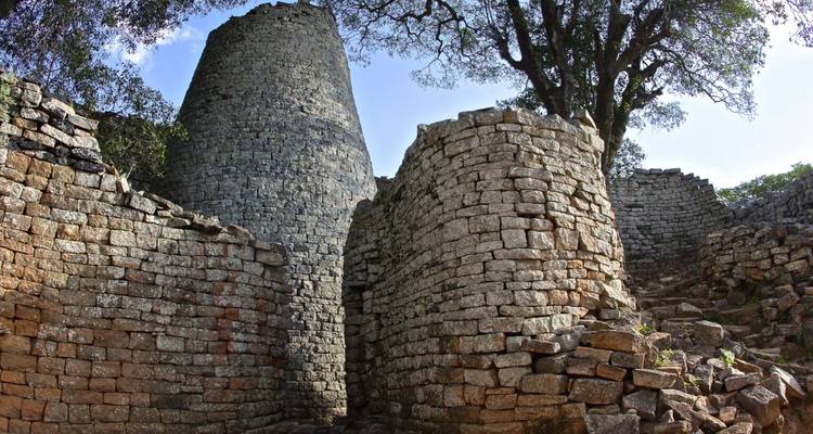 Ancient stone structures with a tree in the background.