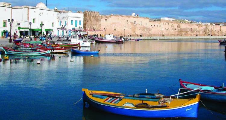 Colorful fishing boats in a harbor near old city walls.