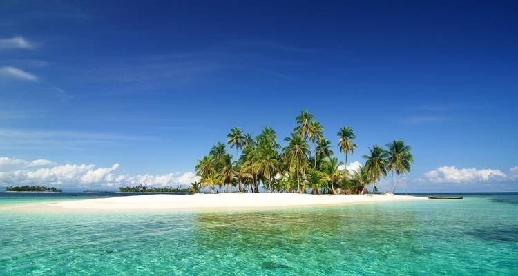 Tropische Insel mit Palmen, umgeben von klarem blauen Wasser.