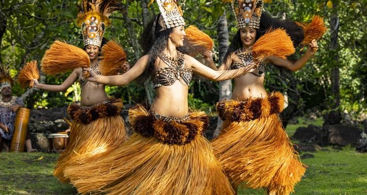 Grupo de bailarines con vestimenta tradicional actuando.