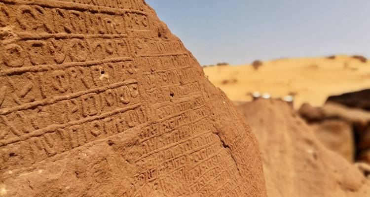 Close-up of ancient rock carvings with desert background.