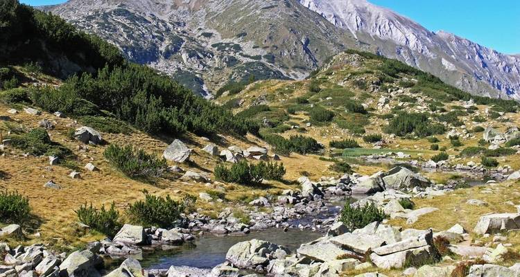 A mountain stream surrounded by rocky terrain and peaks.