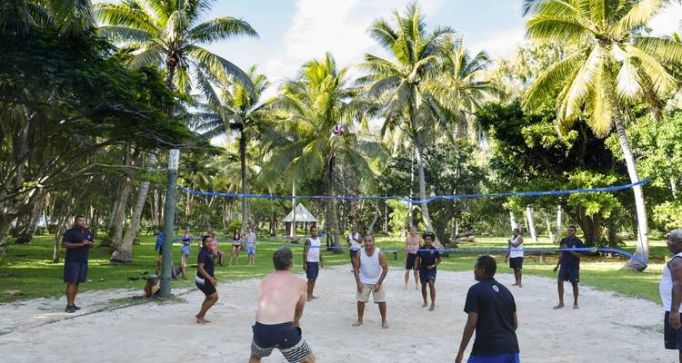 Des gens jouent au volley-ball sur un terrain de sable entouré de palmiers.