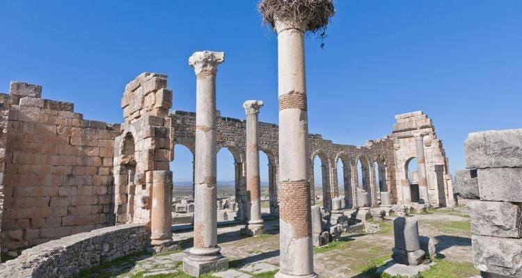 Antike römische Ruinen mit Säulen und Bögen.