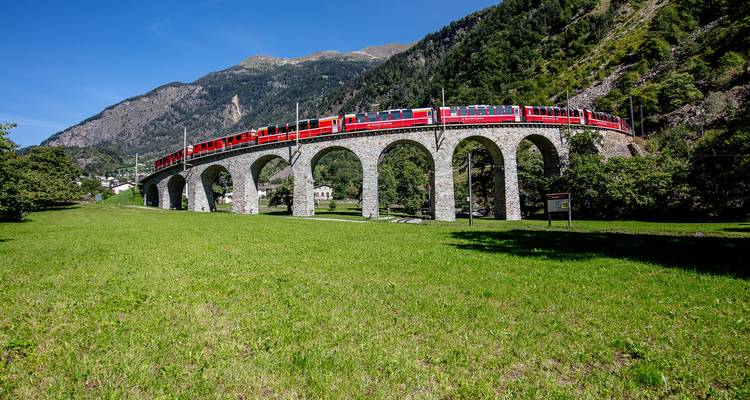 Ein leuchtend roter Panoramazug überquert ein elegantes Steinviadukt inmitten üppiger Almwiesen und Berge.