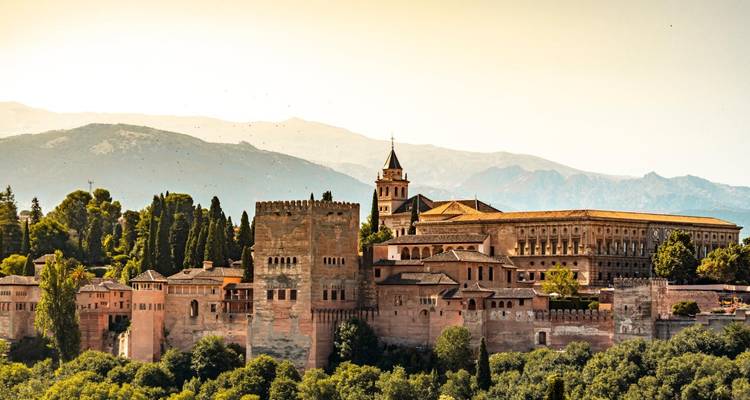 Vue de l'Alhambra avec les arbres et montagnes environnants.