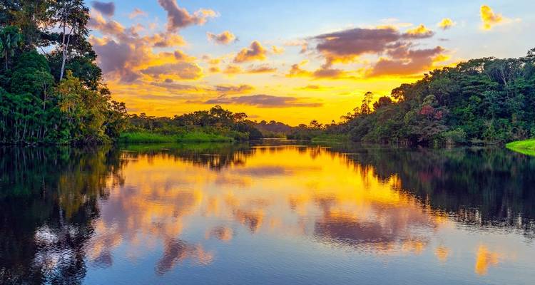 Sunset reflecting on a calm river surrounded by lush rainforest.