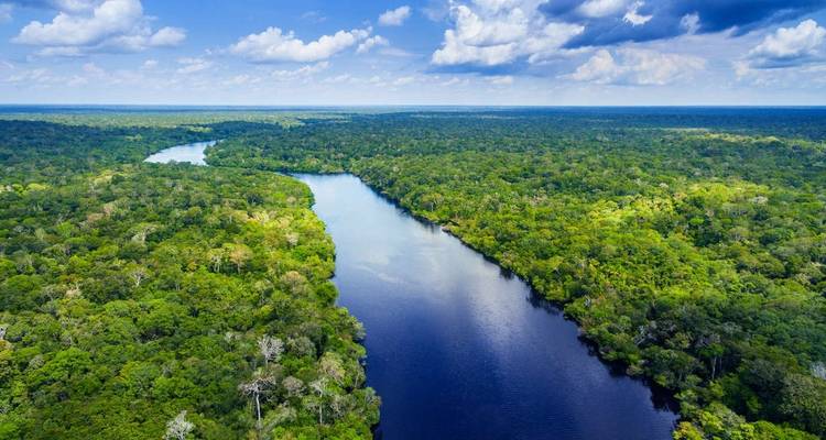Aerial view of a winding river cutting through the Amazon rainforest.