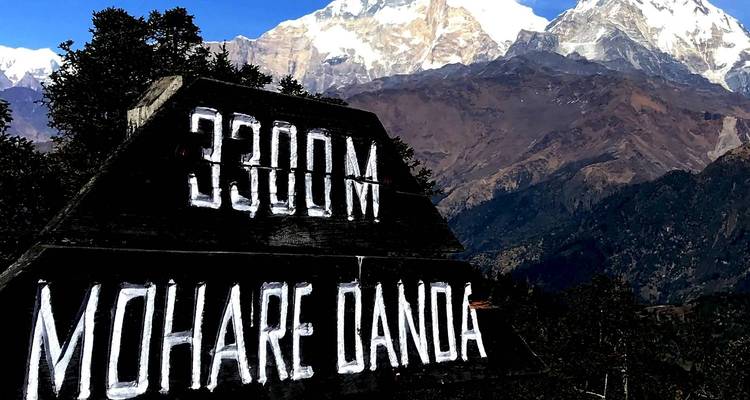 Nahaufnahme des Höhenschildes von Mohare Danda mit Bergkulisse