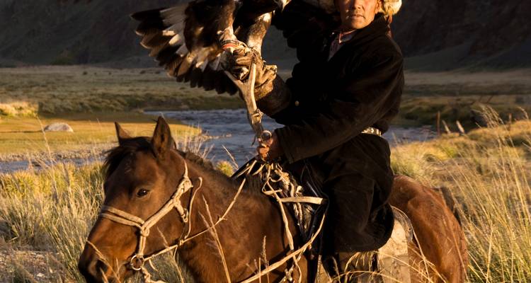 A man on horseback holding a bird of prey.