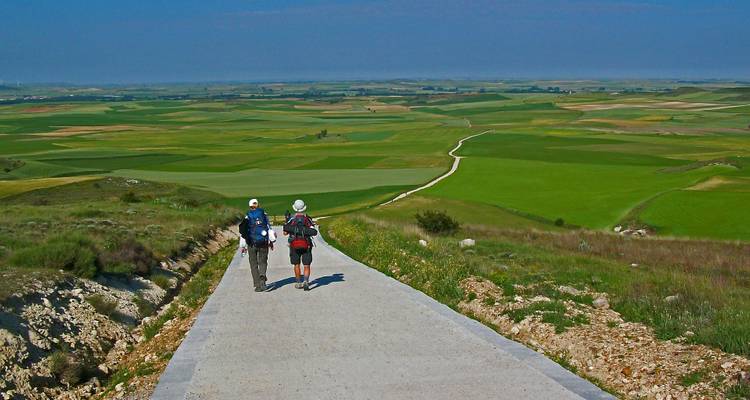 Dos personas caminando por un sendero de concreto en un paisaje rural.