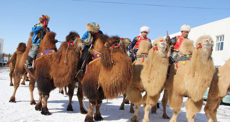 Des personnes vêtues de tenues traditionnelles montant des chameaux sur la neige.