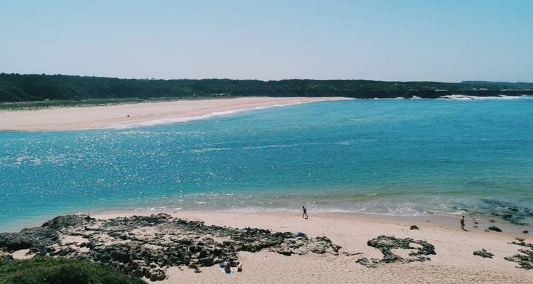 View of a wide sandy beach with clear blue waters and distant greenery.