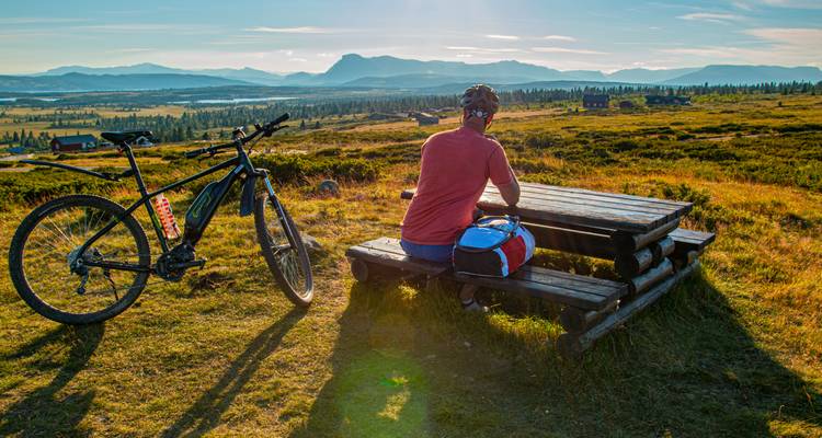 Personne se reposant sur un banc avec une vue panoramique sur la montagne.