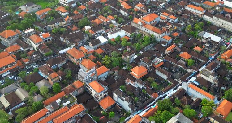 Vue aérienne d'un village avec des toits de tuiles rouges et un environnement verdoyant.