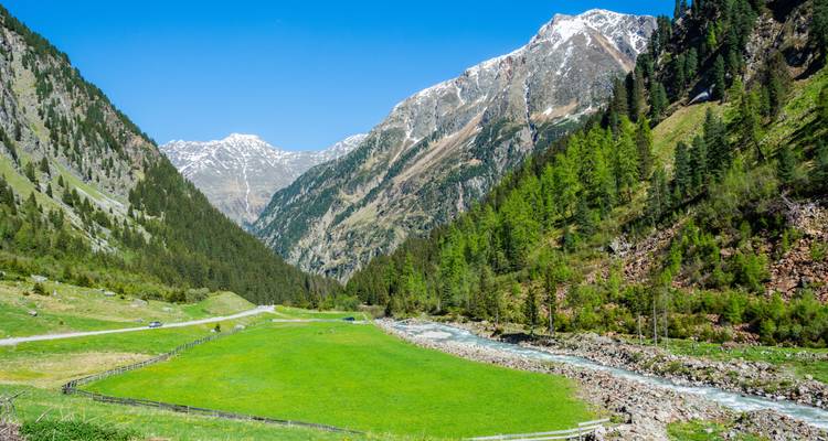 Une prairie alpine d'un vert éclatant avec un ruisseau sinueux s'étend entre des parois montagneuses escarpées et boisées.