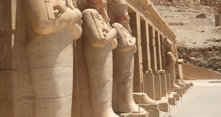 Columns and statues of an ancient Egyptian temple.