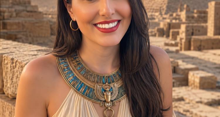 Smiling woman wearing ornate ancient Egyptian-style collar poses in front of sun-lit stone ruins.