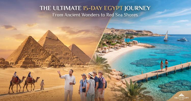 Marketing collage showing Giza pyramids with camel caravan and a Red Sea resort beach.