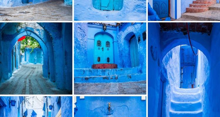 Collage of blue-painted streets and doors.