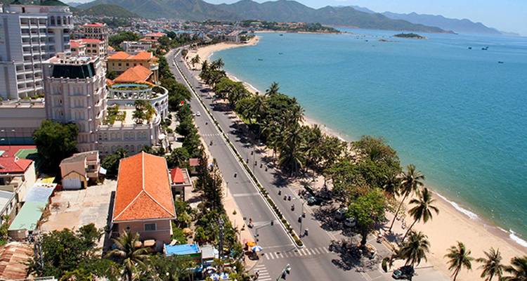 Coastal road with palm trees along the beach in a tropical city.