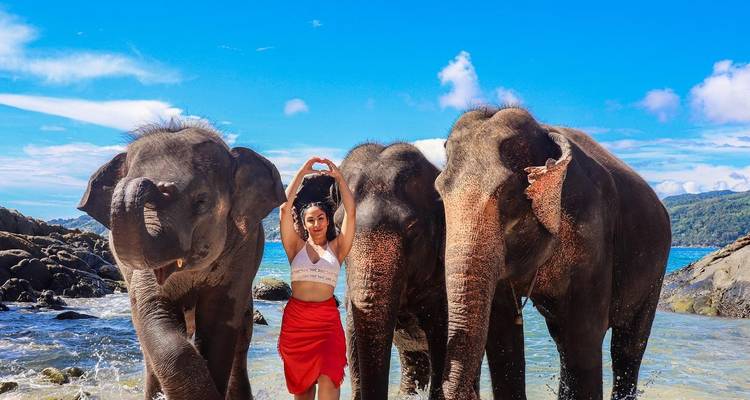 Vrouw poseert met olifanten op een strand.