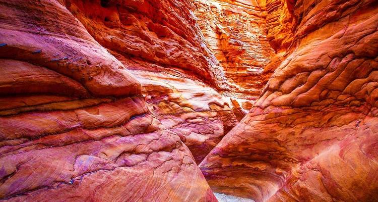 Close-up view of a colorful sandstone canyon.