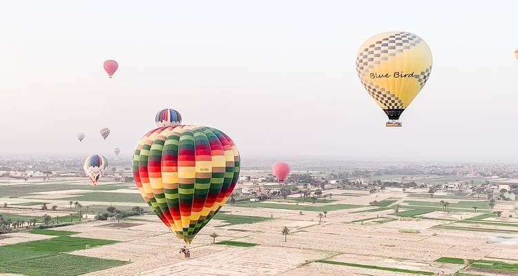 Hot air balloons above a scenic landscape at dawn.