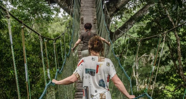 Twee reizigers steken een hangende touwbrug over hoog in het weelderige regenwoud-bladerdak.